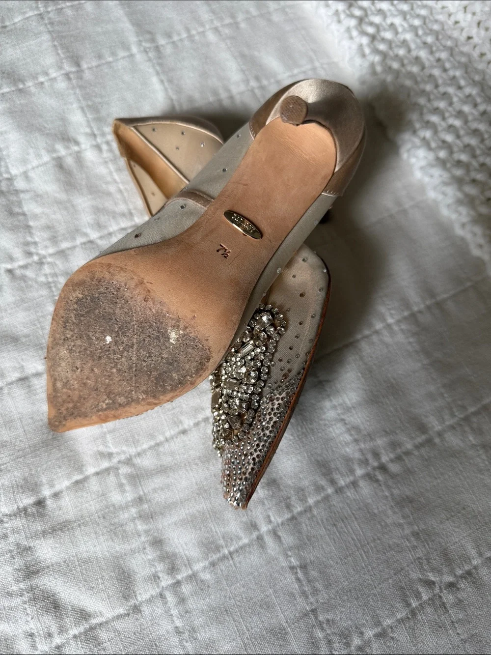 Badgley Mischka Ivory Satin Crystal-Embellished Pointed Toe Heels - Picture 4 of 6